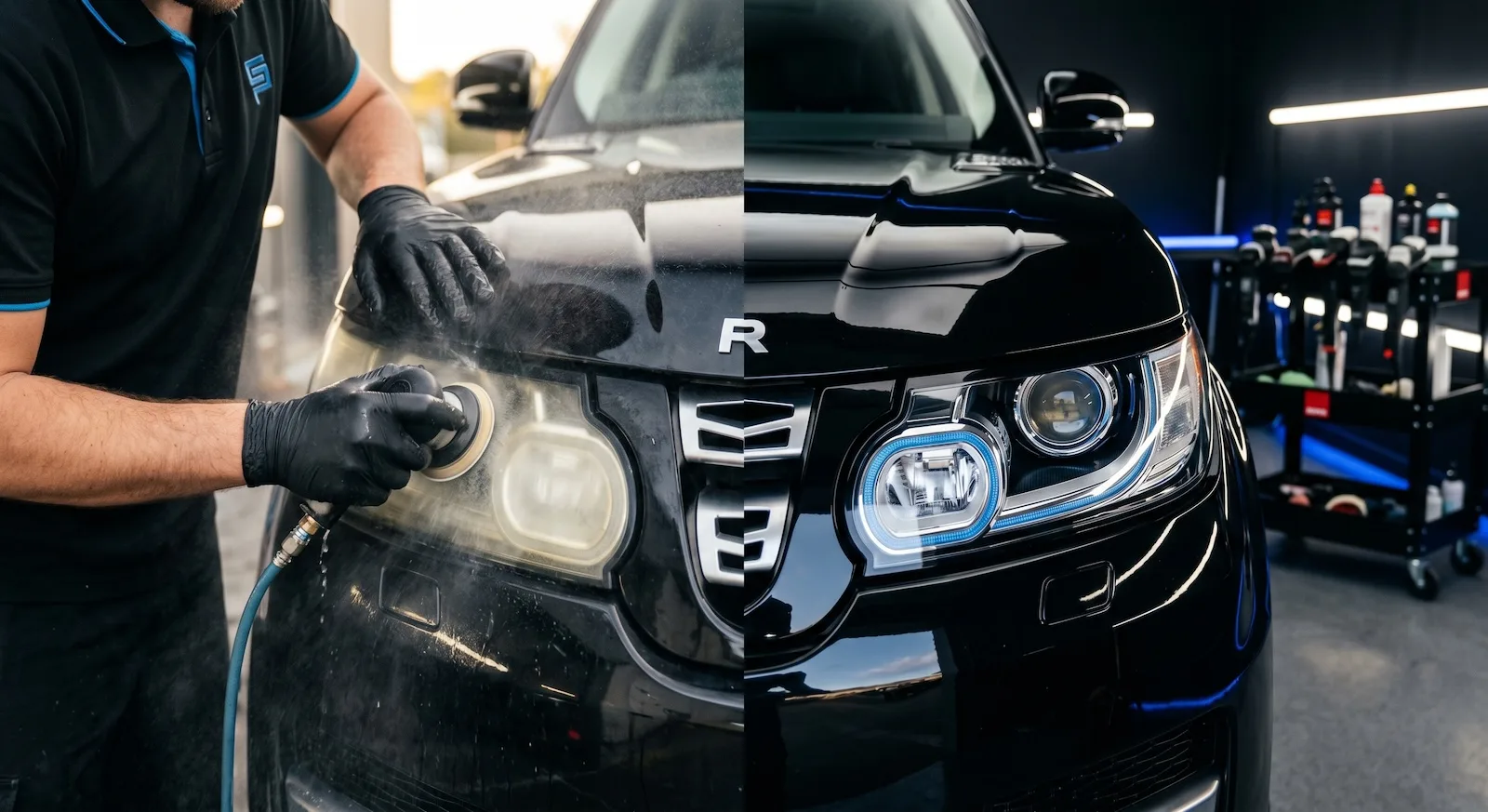 Headlight restoration before and after on a 2014 SUV in Box Elder SD showing yellow oxidation removed and crystal clear lens result